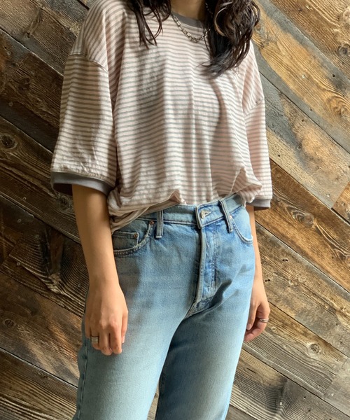 mi via loca(ミヴィアロカ)の「【2WAY】シアースラブボーダー カットアウトリンガーTシャツ(Tシャツ/カットソー・レディース・ブラック×ホワイト/キャメル/グレー×ピンク・FREE)」の6枚目の写真