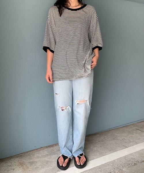 mi via loca(ミヴィアロカ)の「【2WAY】シアースラブボーダー カットアウトリンガーTシャツ(Tシャツ/カットソー・レディース・ブラック×ホワイト/キャメル/グレー×ピンク・FREE)」の13枚目の写真