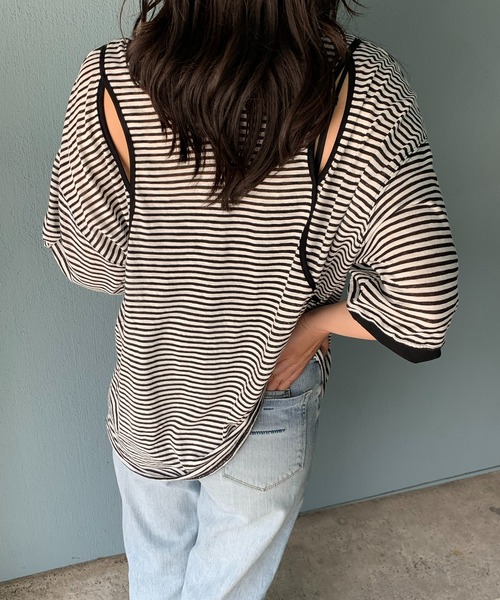 mi via loca(ミヴィアロカ)の「【2WAY】シアースラブボーダー カットアウトリンガーTシャツ(Tシャツ/カットソー・レディース・ブラック×ホワイト/キャメル/グレー×ピンク・FREE)」の14枚目の写真