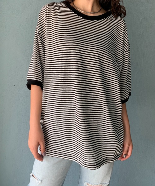 mi via loca(ミヴィアロカ)の「【2WAY】シアースラブボーダー カットアウトリンガーTシャツ(Tシャツ/カットソー・レディース・ブラック×ホワイト/キャメル/グレー×ピンク・FREE)」の18枚目の写真