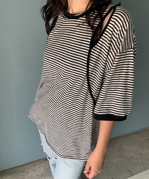 mi via loca(ミヴィアロカ)の「【2WAY】シアースラブボーダー カットアウトリンガーTシャツ(Tシャツ/カットソー・レディース・ブラック×ホワイト/キャメル/グレー×ピンク・FREE)」の20枚目の写真
