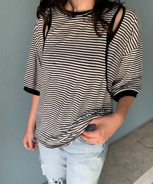 mi via loca(ミヴィアロカ)の「【2WAY】シアースラブボーダー カットアウトリンガーTシャツ(Tシャツ/カットソー・レディース・ブラック×ホワイト/キャメル/グレー×ピンク・FREE)」の16枚目の写真