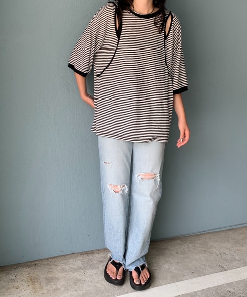 mi via loca(ミヴィアロカ)の「【2WAY】シアースラブボーダー カットアウトリンガーTシャツ(Tシャツ/カットソー・レディース・ブラック×ホワイト/キャメル/グレー×ピンク・FREE)」の19枚目の写真