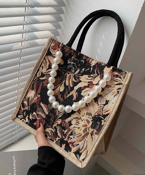 TONE SELECT GOODS(トーンセレクトグッズ)の「Liaa/パール 花柄 レトロ トートバッグ サブバッグ A18397(トートバッグ・レディース・グリーン/ブルー/ブラック・FREE)」の4枚目の写真