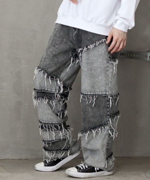 セール】Random Switching Fringe Remake Denim Pants/ワイド
