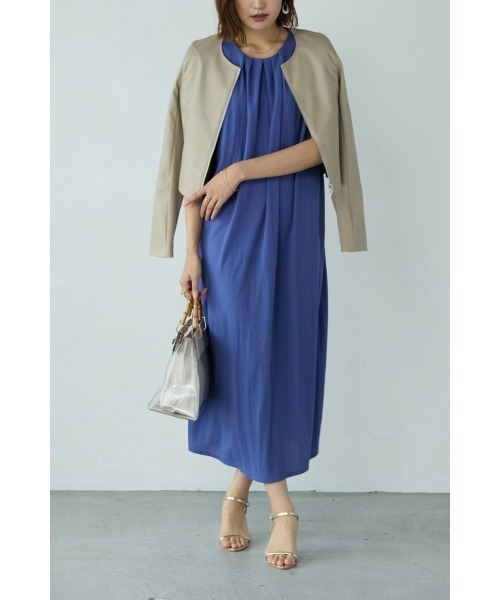 M.deux（エムドゥ）の「■フェイクレザーノーカラージャケット■（ノーカラージャケット・レディース・グレイッシュベージュ/ブラック・MEDIUM）」の3枚目の写真