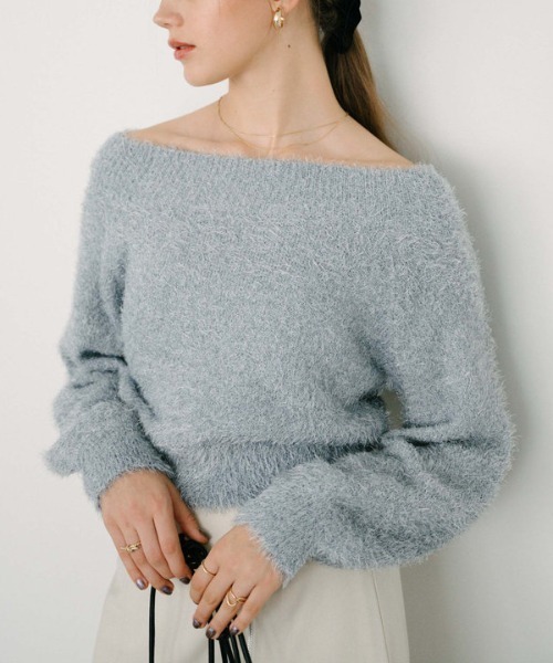 archives（アルシーヴ）の「ラメシャギーオフショルニットプルオーバー（ニット/セーター・レディース・ブラック/オフホワイト/グレー/ブルー・MEDIUM）」の7枚目の写真