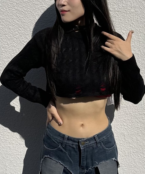 セール】ショート丈ダメージニットセーター（ニット/セーター