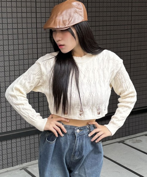 未使用／即完売品／8 YARDS フード付きセーター ベージュ セール】ショート丈ダメージニットセーター（ニット/セーター