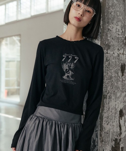 HIGH SCHOOL DISCO(ハイスクールディスコ)の「HIGH SCHOOL DISCO/エンゼルプリントロングスリーブ(Tシャツ/カットソー・レディース・クリーム/ブラック・FREE)」の1枚目の写真