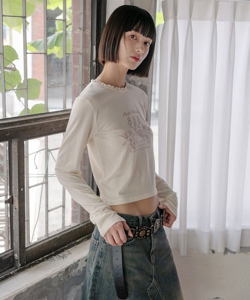 HIGH SCHOOL DISCO(ハイスクールディスコ)の「HIGH SCHOOL DISCO/エンゼルプリントロングスリーブ(Tシャツ/カットソー・レディース・クリーム/ブラック・FREE)」の5枚目の写真