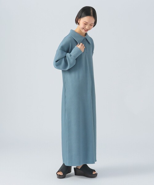 BEAMS HEART（ビームスハート）の「ワッフル ポロ ワンピース（ワンピース・レディース・ライトグレー/ブラック/サックスブルー・FREE）」の9枚目の写真