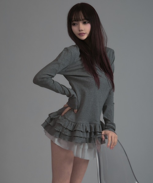 tinkerend(ティンカーエンド)の「Tiered Flare T-shirt / ティアードフレアTシャツ レイヤードトップス(Tシャツ/カットソー・レディース・ブラック/グレー/ホワイト・FREE)」の1枚目の写真