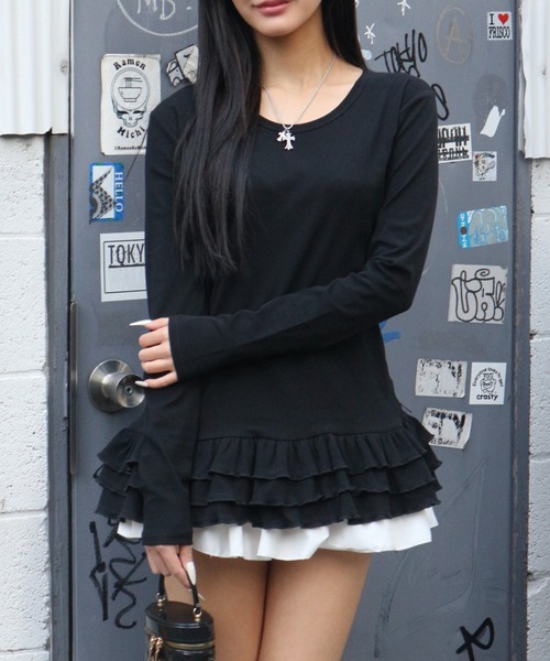 tinkerend(ティンカーエンド)の「Tiered Flare T-shirt / ティアードフレアTシャツ レイヤードトップス(Tシャツ/カットソー・レディース・ブラック/グレー/ホワイト・FREE)」の7枚目の写真