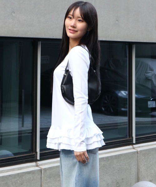 tinkerend(ティンカーエンド)の「Tiered Flare T-shirt / ティアードフレアTシャツ レイヤードトップス(Tシャツ/カットソー・レディース・ブラック/グレー/ホワイト・FREE)」の5枚目の写真