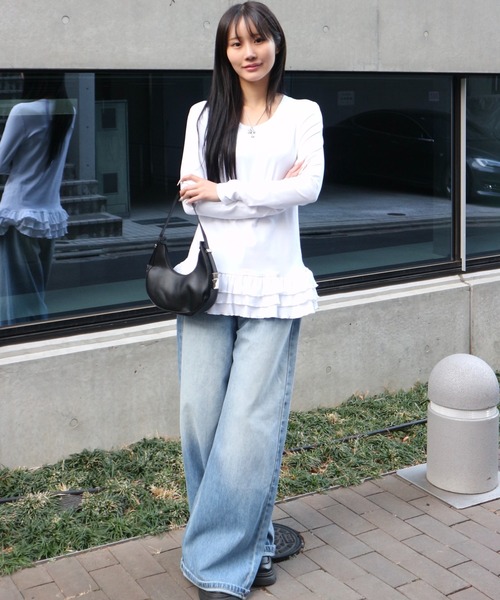 tinkerend(ティンカーエンド)の「Tiered Flare T-shirt / ティアードフレアTシャツ レイヤードトップス(Tシャツ/カットソー・レディース・ブラック/グレー/ホワイト・FREE)」の6枚目の写真