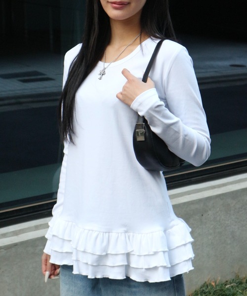 tinkerend(ティンカーエンド)の「Tiered Flare T-shirt / ティアードフレアTシャツ レイヤードトップス(Tシャツ/カットソー・レディース・ブラック/グレー/ホワイト・FREE)」の9枚目の写真