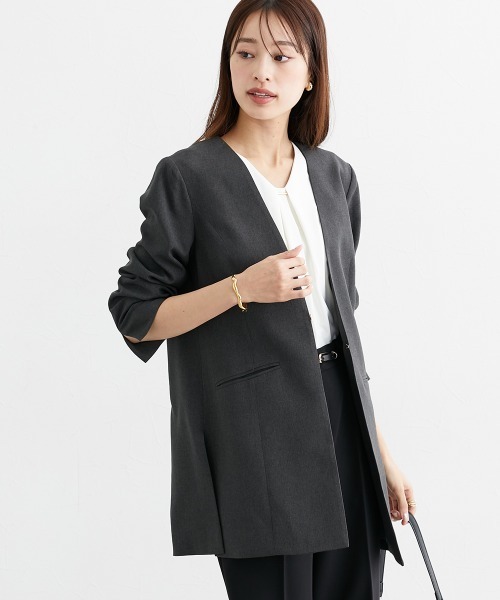 7days Life Styling(セブンデイズライフスタイリング)の「サイドスリットノーカラーロング丈ジャケット(ノーカラージャケット・レディース・ネイビー/チャコール・LL/S/M/L)」の2枚目の写真
