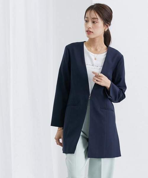 サイドスリットノーカラーロング丈ジャケット（ノーカラージャケット