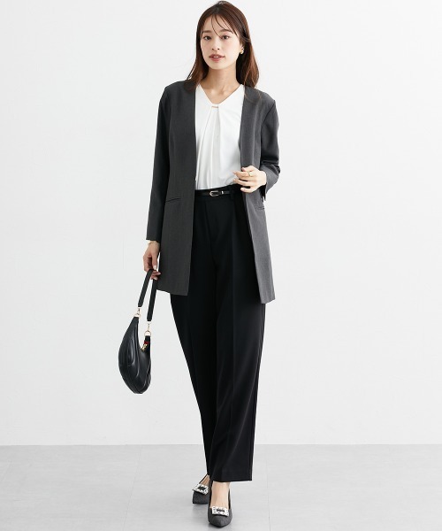 サイドスリットノーカラーロング丈ジャケット（ノーカラージャケット