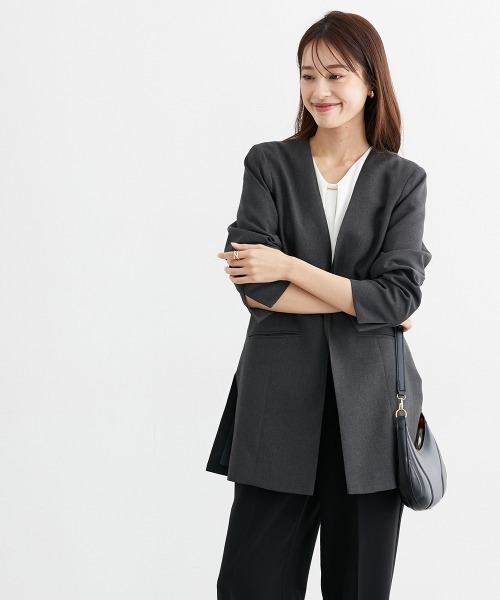 7days Life Styling(セブンデイズライフスタイリング)の「サイドスリットノーカラーロング丈ジャケット(ノーカラージャケット・レディース・ネイビー/チャコール・LL/S/M/L)」の7枚目の写真