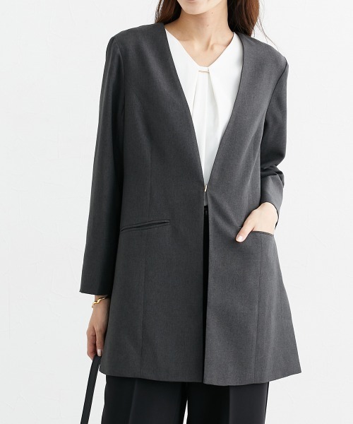 セール】サイドスリットノーカラーロング丈ジャケット（ノーカラー