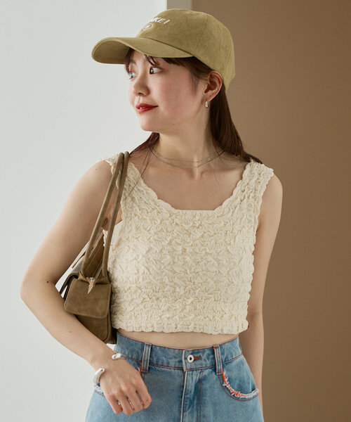 Kastane（カスタネ）の「*シャーリングミニタンク（タンクトップ・レディース・アイボリー/ピンク/ブルー・FREE）」の2枚目の写真