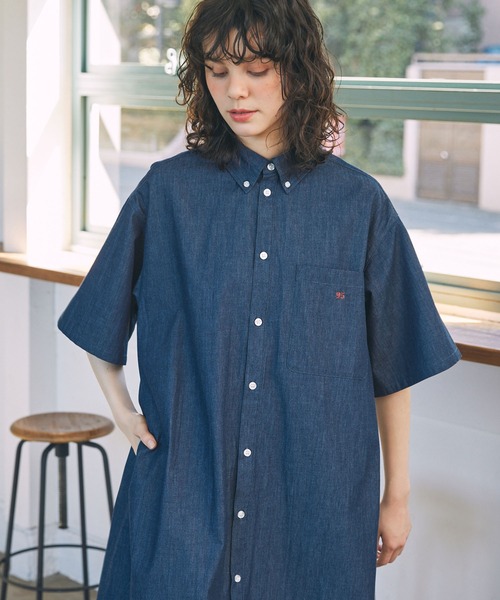アソート ナンバリング刺繍 ボタンダウン 半袖 ロングシャツ
