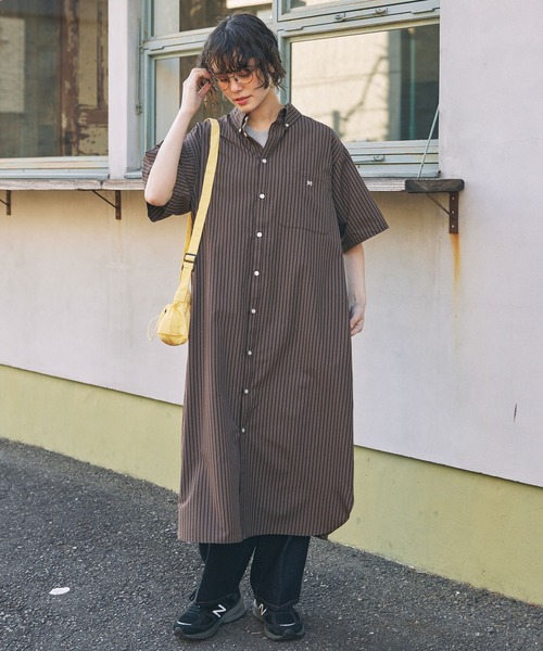 HARi　長袖コットンコート　シャツワンピース　スミクロ　比翼ボタン　日本製 麻調合繊 シャツワンピース 五分袖 レディース(M ネイビー