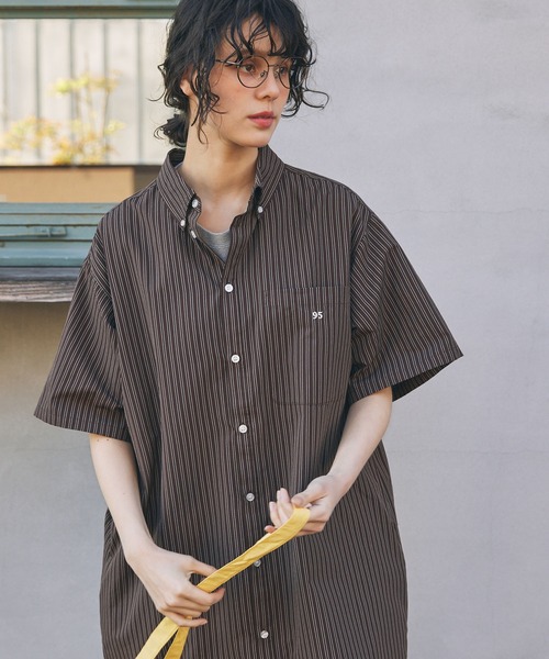 アソート ナンバリング刺繍 ボタンダウン 半袖 ロングシャツワンピース