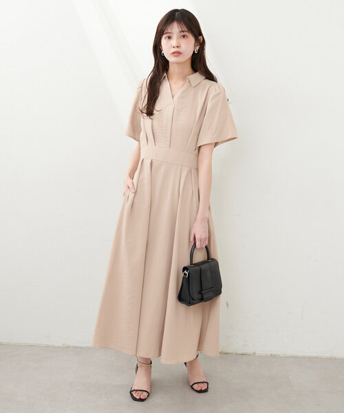スキッパー襟 ベルト付 半袖 フレア ワンピース S〜XXL 2色 セール】スキッパー衿フレア袖ワンピース（ワンピース