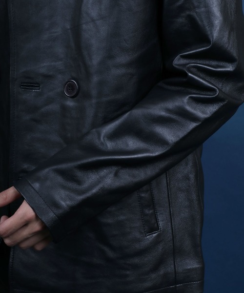 ANPAS(アンパス)の「Sheepskin Leather Pea Coat/羊革 レザー ピーコート ダブルジャケット ブルゾン(ピーコート・メンズ・ブラック・L/M/LL)」の8枚目の写真