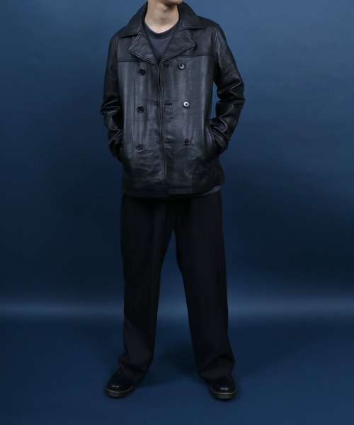 ANPAS(アンパス)の「Sheepskin Leather Pea Coat/羊革 レザー ピーコート ダブルジャケット ブルゾン(ピーコート・メンズ・ブラック・L/M/LL)」の19枚目の写真