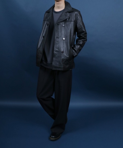 ANPAS(アンパス)の「Sheepskin Leather Pea Coat/羊革 レザー ピーコート ダブルジャケット ブルゾン(ピーコート・メンズ・ブラック・L/M/LL)」の22枚目の写真