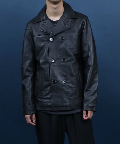ANPAS(アンパス)の「Sheepskin Leather Pea Coat/羊革 レザー ピーコート ダブルジャケット ブルゾン(ピーコート・メンズ・ブラック・L/M/LL)」の16枚目の写真