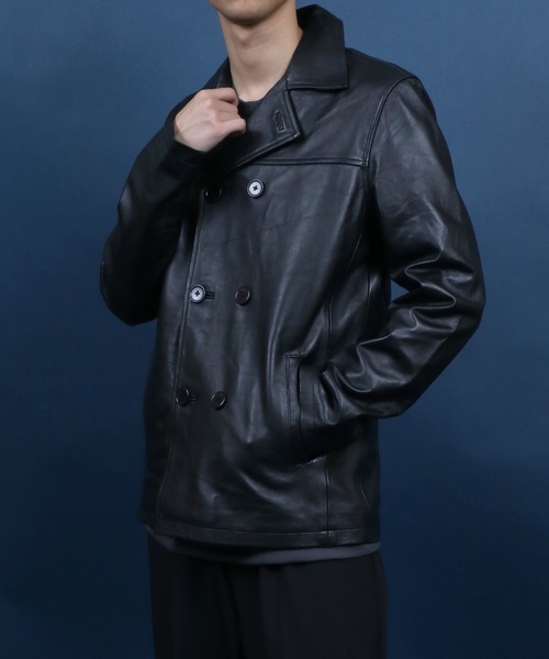 ANPAS(アンパス)の「Sheepskin Leather Pea Coat/羊革 レザー ピーコート ダブルジャケット ブルゾン(ピーコート・メンズ・ブラック・L/M/LL)」の17枚目の写真