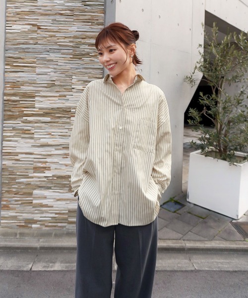 KOBE LETTUCE（コウベレタス）の「[ kiminaさんコラボ ] 選べる2タイプストライプシャツ（シャツ/ブラウス・レディース・ブルー/ホワイト/ベージュ系・M-Short/M-Long）」の8枚目の写真