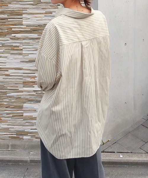 KOBE LETTUCE（コウベレタス）の「[ kiminaさんコラボ ] 選べる2タイプストライプシャツ（シャツ/ブラウス・レディース・ブルー/ホワイト/ベージュ系・M-Short/M-Long）」の9枚目の写真