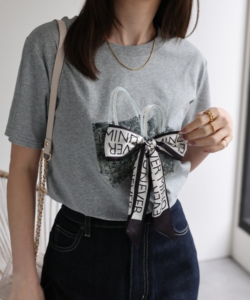 tシャツ リボンドッキングカットトップス レディース one way tシャツ 袖リボンドッキングテレコカットソー
