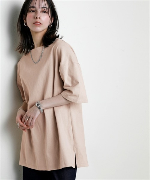 nissen（ニッセン）の「綿１００％バスクオーバーサイズ５分袖チュニック（UVカット）＜大きいサイズ有＞（Tシャツ/カットソー・レディース・オフホワイト/ブラック/ダークグレー/ベージュ/ピンク/グリーン・S～Ｍ/L～LL/3L～4L）」の4枚目の写真