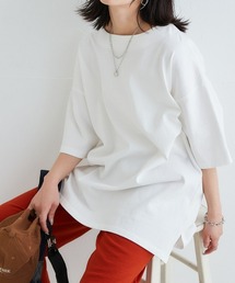 nissen | 綿１００％バスクオーバーサイズ５分袖チュニック（UVカット）＜大きいサイズ有＞(Tシャツ/カットソー)