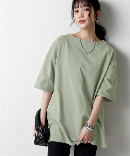 nissen（ニッセン）の「綿１００％バスクオーバーサイズ５分袖チュニック（UVカット）＜大きいサイズ有＞（Tシャツ/カットソー・レディース・オフホワイト/ブラック/ダークグレー/ベージュ/ピンク/グリーン・S～Ｍ/L～LL/3L～4L）」の5枚目の写真