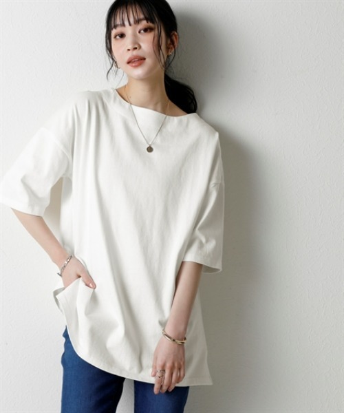 nissen（ニッセン）の「綿１００％バスクオーバーサイズ５分袖チュニック（UVカット）＜大きいサイズ有＞（Tシャツ/カットソー・レディース・オフホワイト/ブラック/ダークグレー/ベージュ/ピンク/グリーン・S～Ｍ/L～LL/3L～4L）」の9枚目の写真