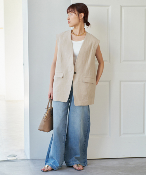 Spick & Span（スピックアンドスパン）の「リネンキャンバスVカラージレ（ベスト・レディース・ブラック/ベージュ・FREE）」の7枚目の写真