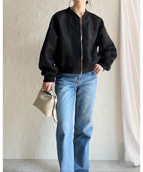 ブルゾン ジャケット ショート ジッパー ノーカラー カジュアル ストレッチ入りでストレスゼロ／ノーカラー ジップアップ