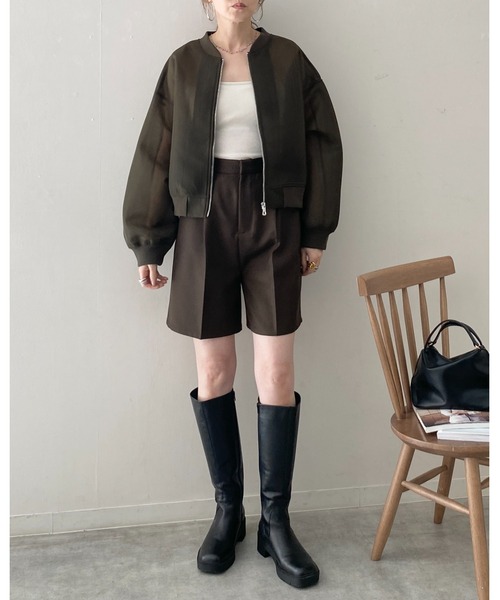 セール】ノーカラー長袖ショート丈ジップアップダンボールシアー