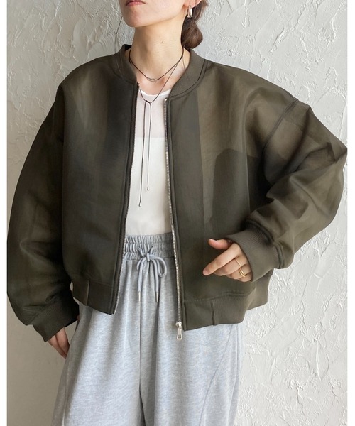 セール】ノーカラー長袖ショート丈ジップアップダンボールシアー