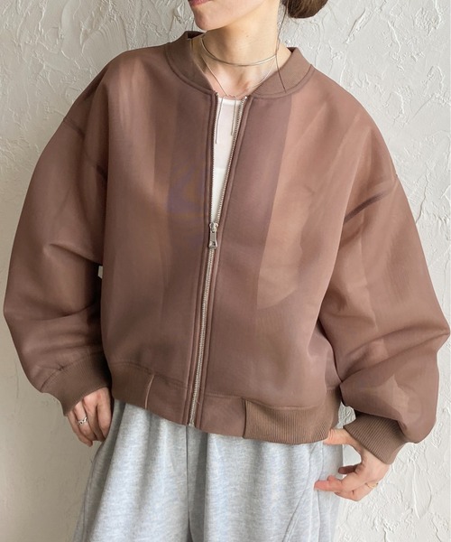 *エポカ ノーカラージップブルゾン 七分袖 ギャザー ジョーゼット ブラウン EPOCA - *エポカ ノーカラージップブルゾン 七分袖 ギャザー