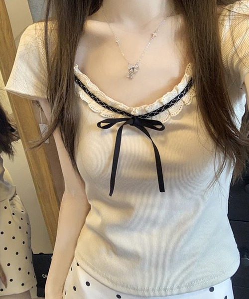 VIBGYOR（ヴィブジョー）の「リボンレース デザインコンパクトトップス(CZ)（Tシャツ/カットソー・レディース・グレー/アイボリー・MEDIUM/LARGE）」の2枚目の写真