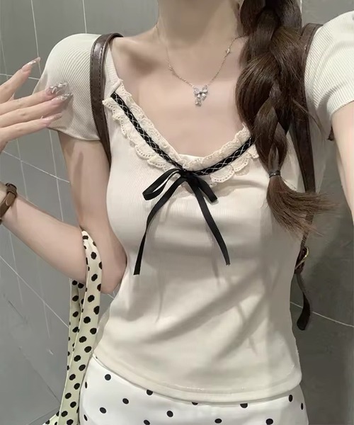 VIBGYOR（ヴィブジョー）の「リボンレース デザインコンパクトトップス(CZ)（Tシャツ/カットソー・レディース・グレー/アイボリー・MEDIUM/LARGE）」の6枚目の写真